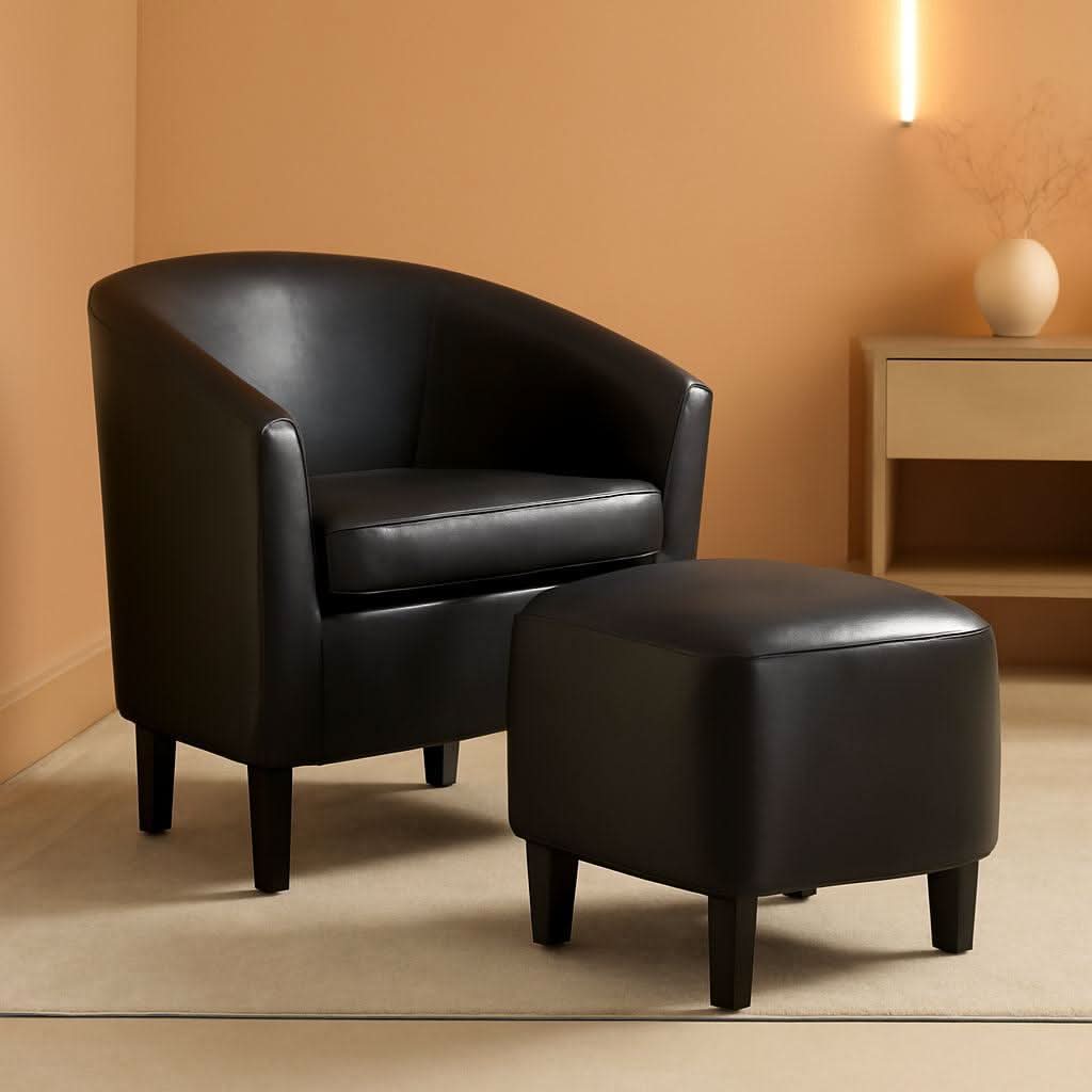 Modern Black Faux Leather Accent Chair With Ottoman Set