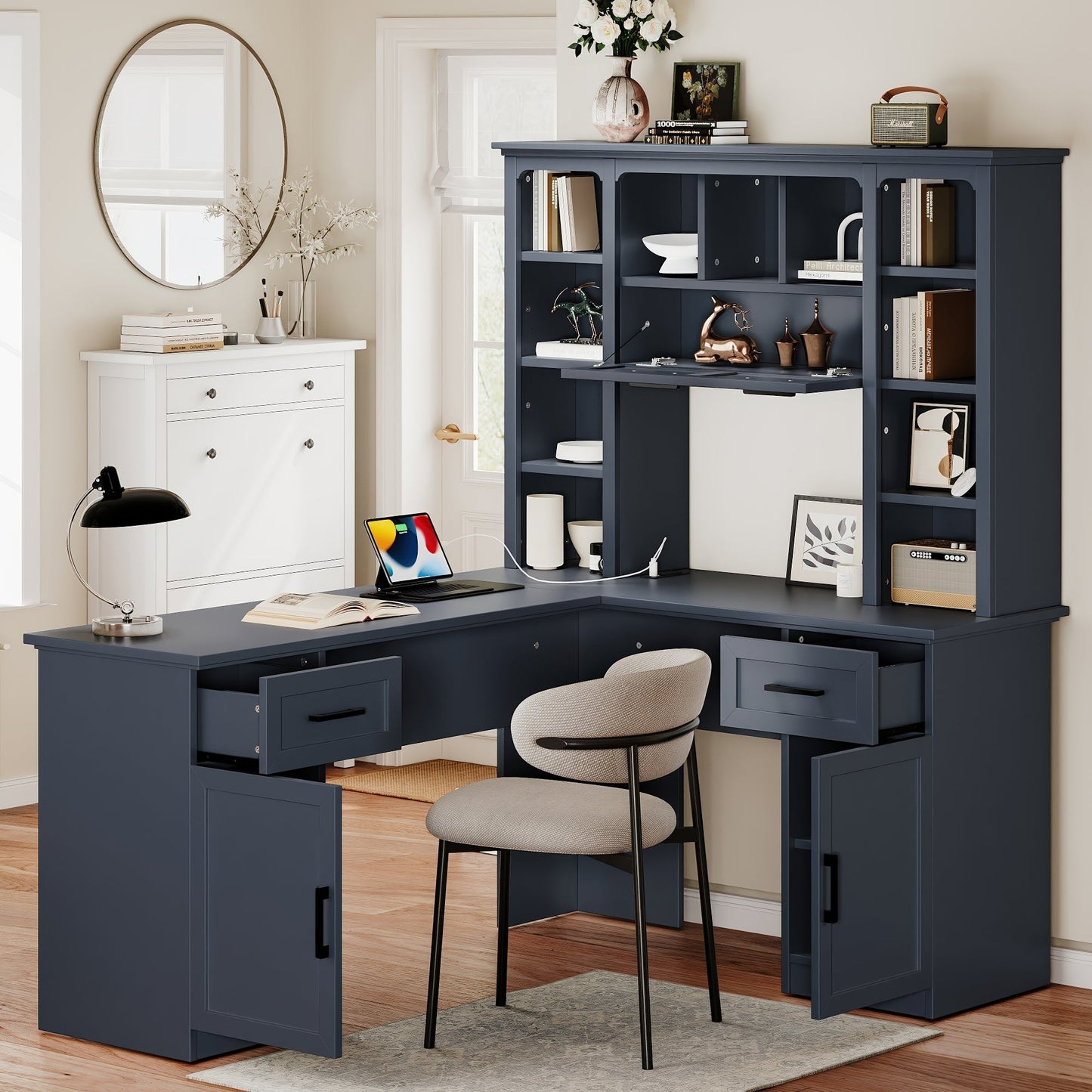 L-Shaped Computer Desk with 2 Cabinets and 2 Drawers, 11 Open Shelves and 1 R...