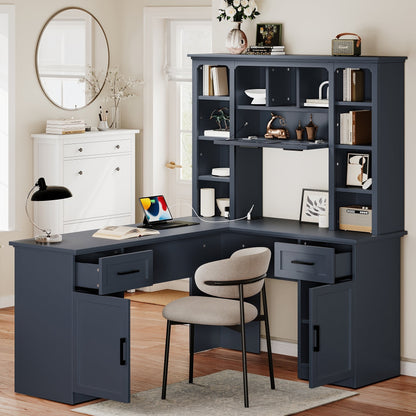 L-Shaped Computer Desk with 2 Cabinets and 2 Drawers, 11 Open Shelves and 1 R...