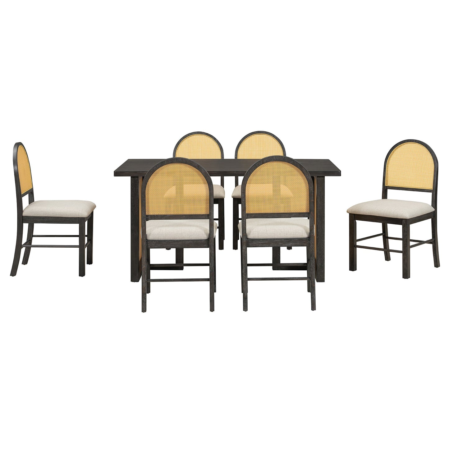 7-Piece Farmhouse Dining Table Set for 6, 59.8 in Rectangular Table with Rattan Chairs