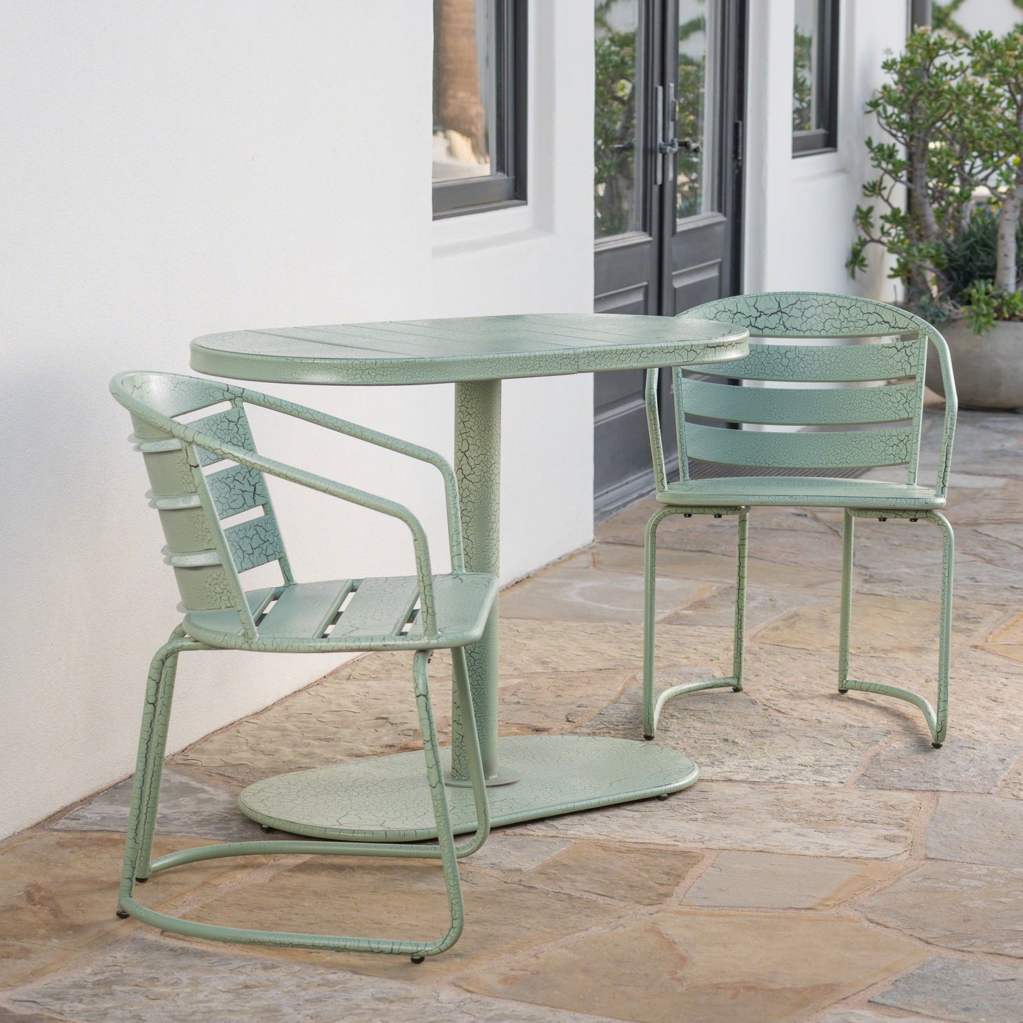 Outdoor Bistro Set Iron Green 3 Piece Oval Table 2 Chairs Matte Finish