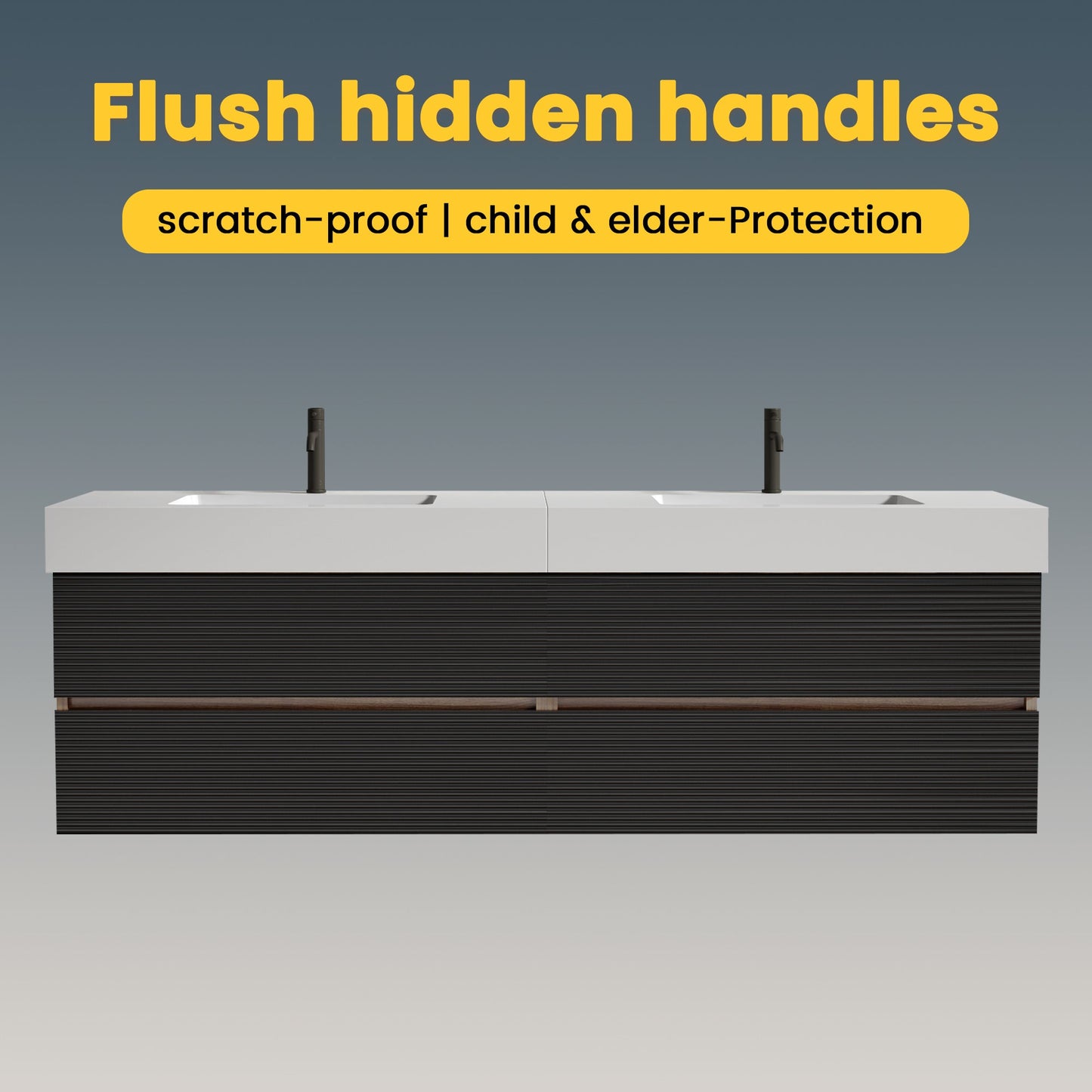 72'' Double Bathroom Vanity with Matt Black Quartz Sink Soft Black Drawers Wall Mount