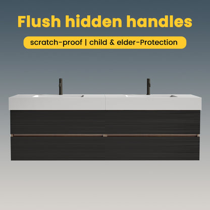 72'' Double Bathroom Vanity with Matt Black Quartz Sink Soft Black Drawers Wall Mount