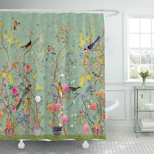 Green Flower-bird Print Shower Curtain
