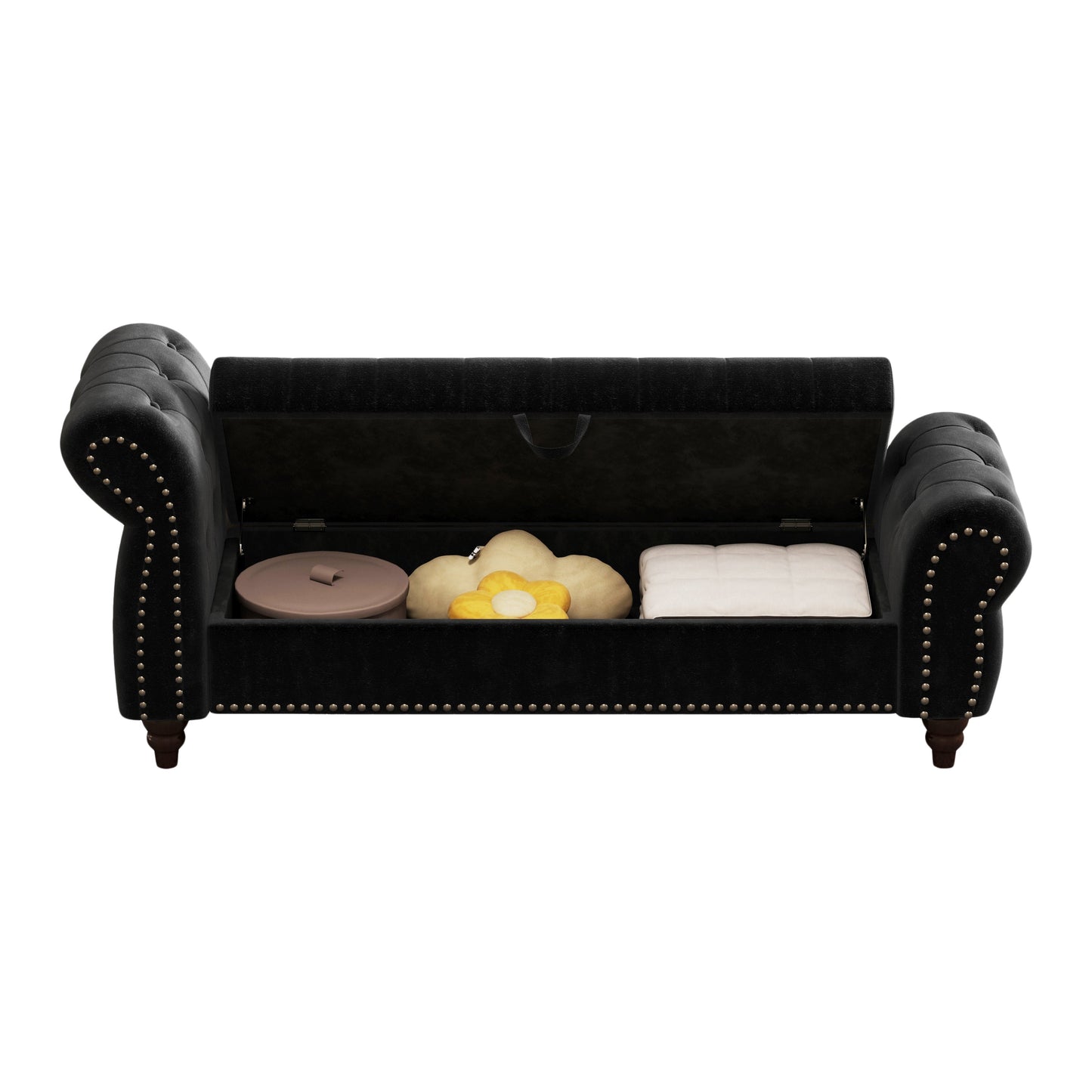 64.5 in Tufted Chaise Lounge Bench with Storage, Velvet Upholstery, Black