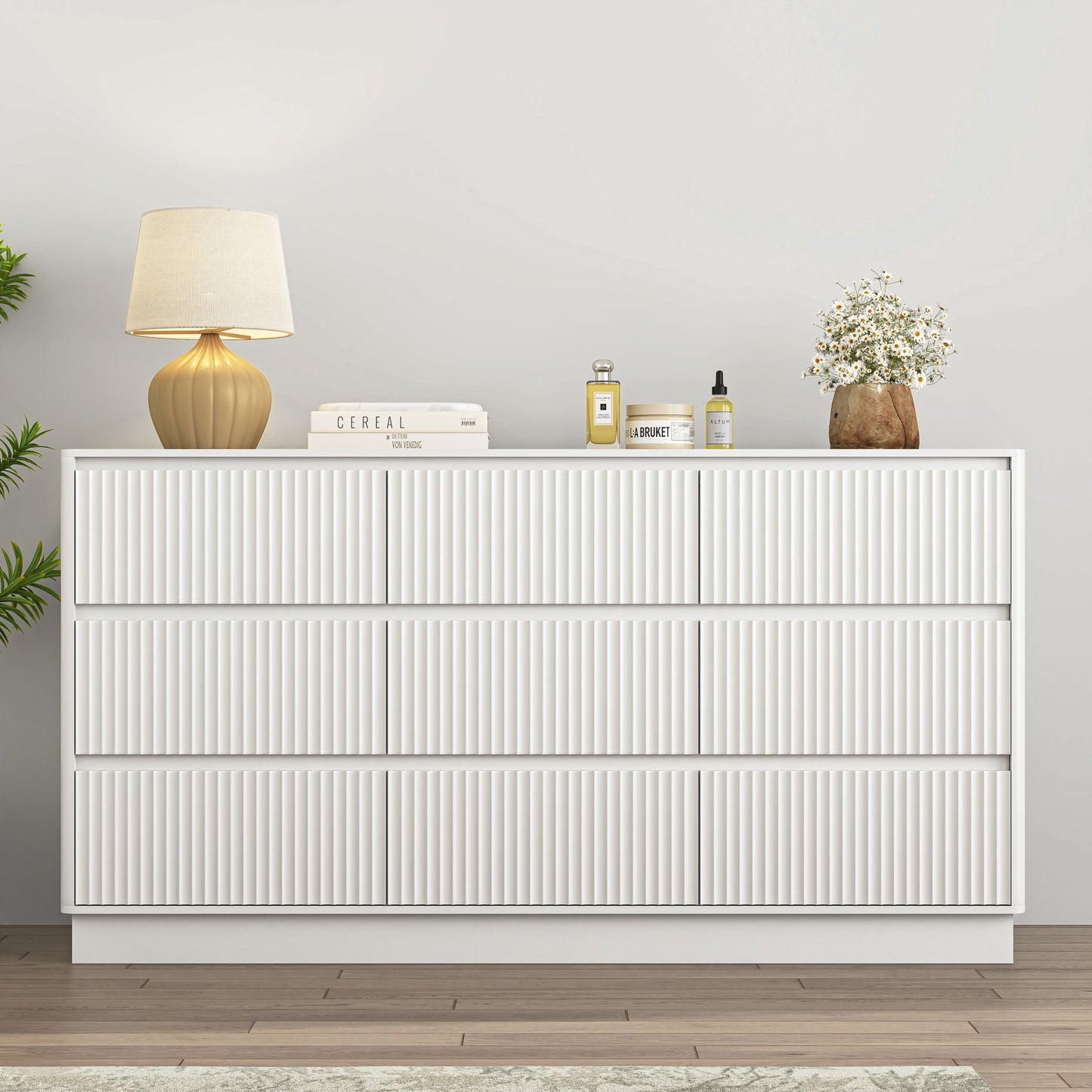 Dresser Mid-Century 9-Drawer White Wave No-Handle 59.1x15.7x31.6 In