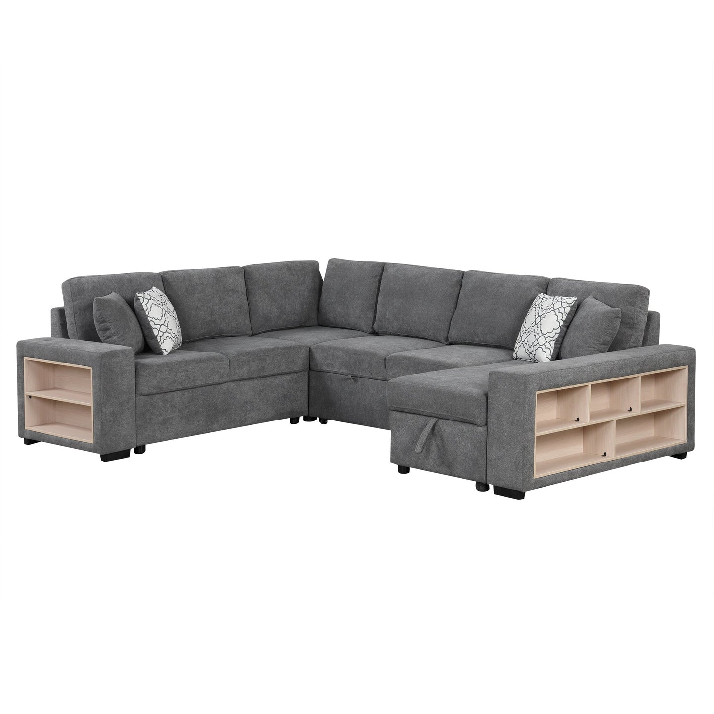 Sectional Sofa U-Shape Chenille Gray 5 Seat USB Ports Pull-Out 109 In