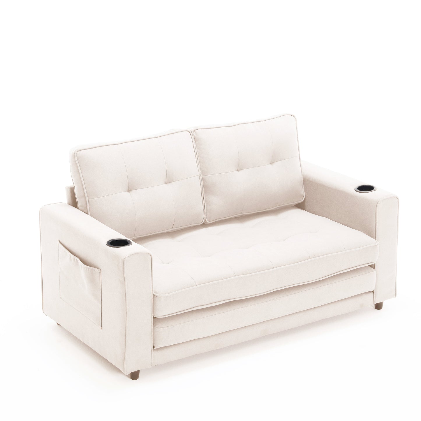 Sofa Bed Futon Tufted 3-in-1 Beige Pull-Out Sleeper Cup Holders 55 In