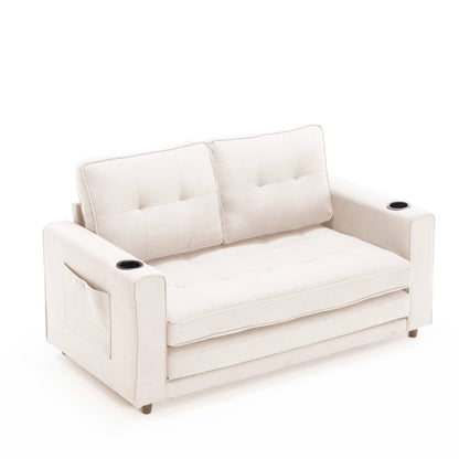 Sofa Bed Futon Tufted 3-in-1 Beige Pull-Out Sleeper Cup Holders 55 In