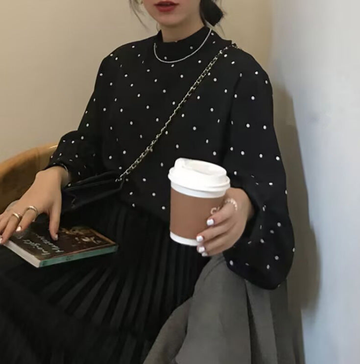 Black And White Polka-dot Turtleneck Relaxed-fit Puff-sleeve Base Shirt