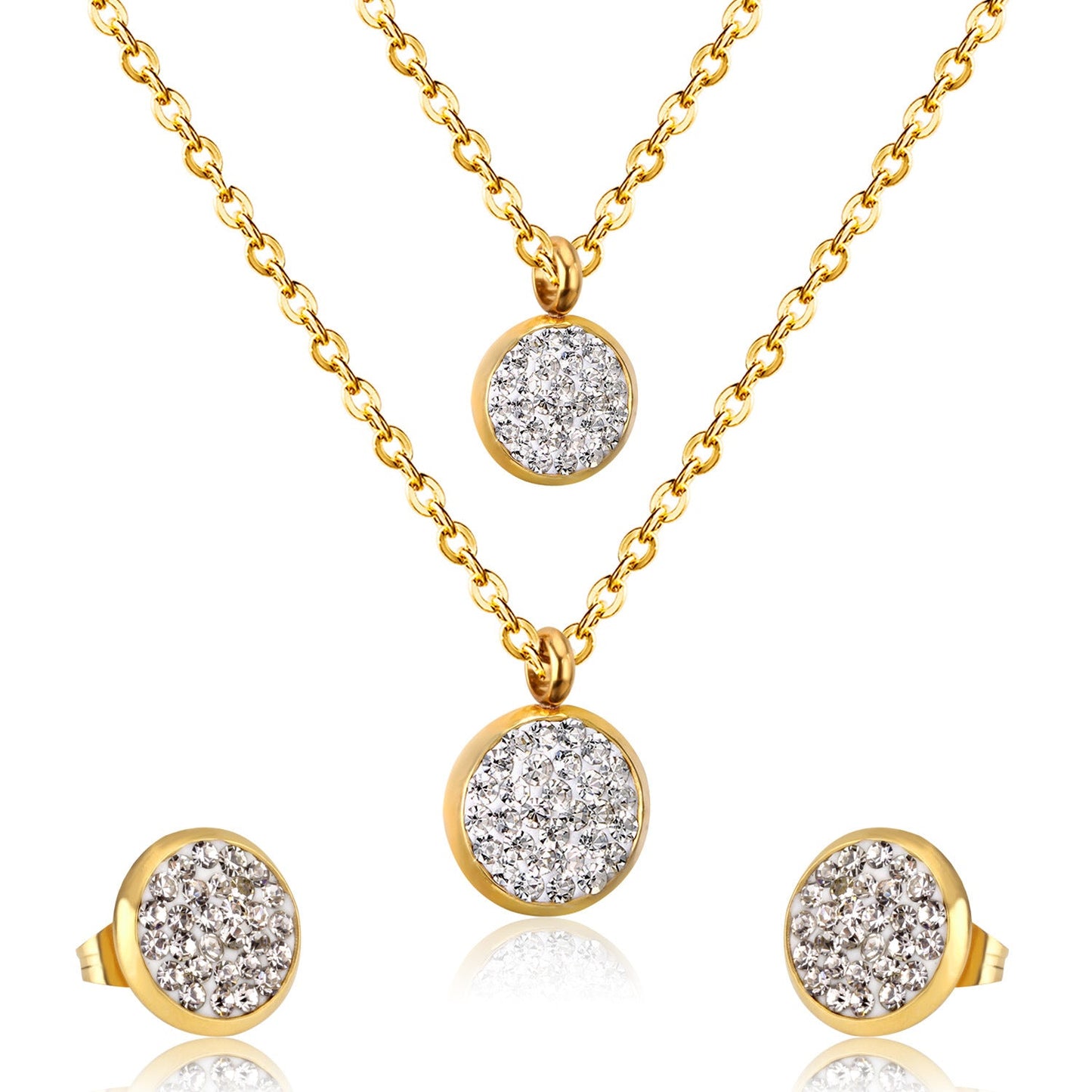 White Mud Pendant Double Chain Gold Stainless Steel Jewelry Set For Women