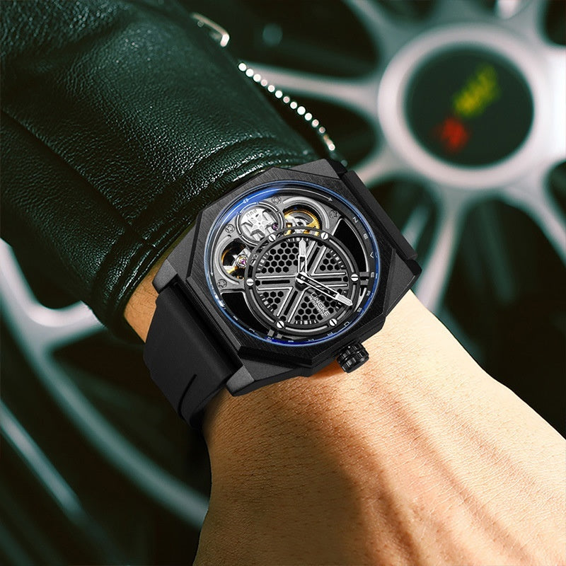 Mens Watch Tonneau-shaped Skeleton Dual-movement Quartz Wristwatch