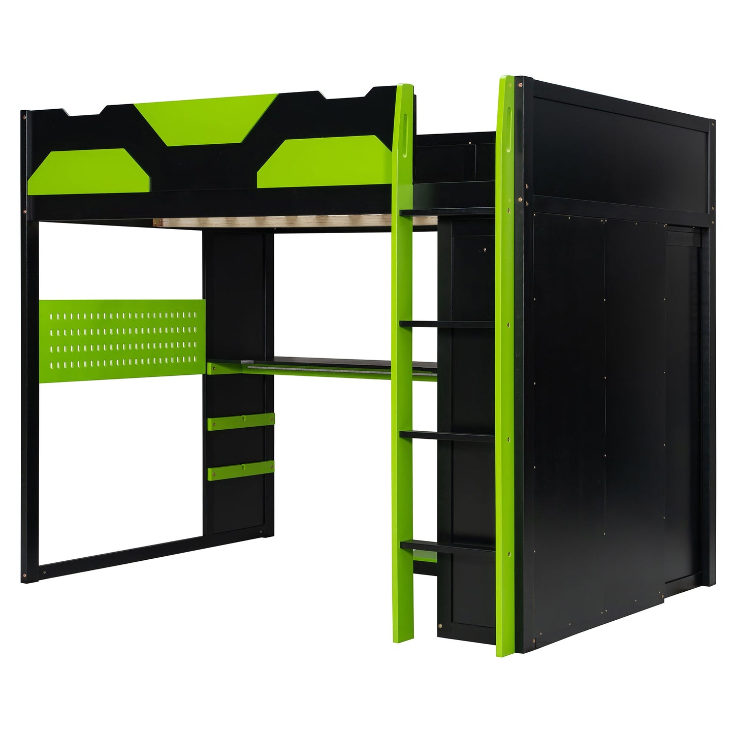 Full Size Wood Loft Bed with Desk, Multi-storage Shelves,USB and RGB Light,Green