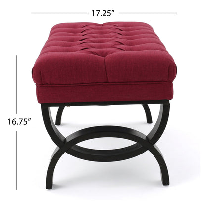 Ottoman Bench Button Tufting Half-Circle Legs, Red Fabric, 41x17x16.75
