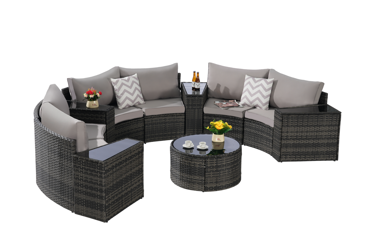 11 Piece PE Rattan Outdoor Sectional Set Light Gray