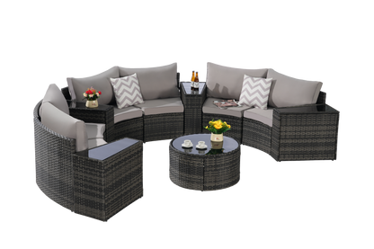 11 Piece PE Rattan Outdoor Sectional Set Light Gray