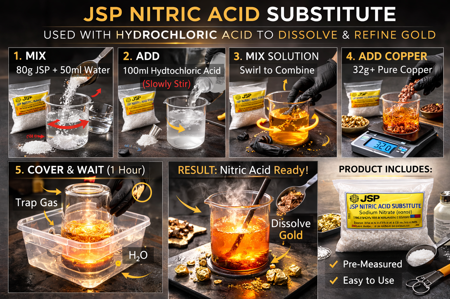 JSP & GTE Nitric Acid Substitute Sodium Nitrate for Gold Refining & Recovery - Reagent Grade (4 oz, 8 oz , & 16 oz bag)
