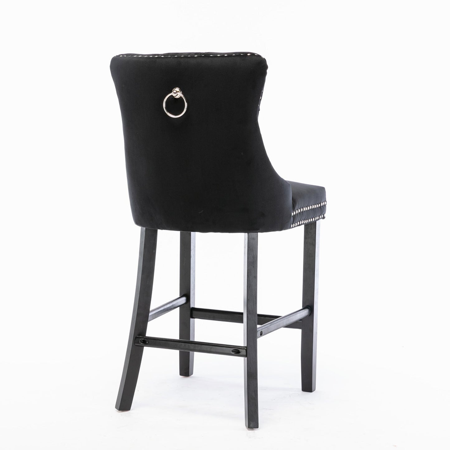 Contemporary Velvet Upholstered Barstools Button Tufted with Wood Legs, Set of 2, Black