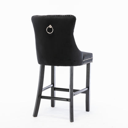 Contemporary Velvet Upholstered Barstools Button Tufted with Wood Legs, Set of 2, Black