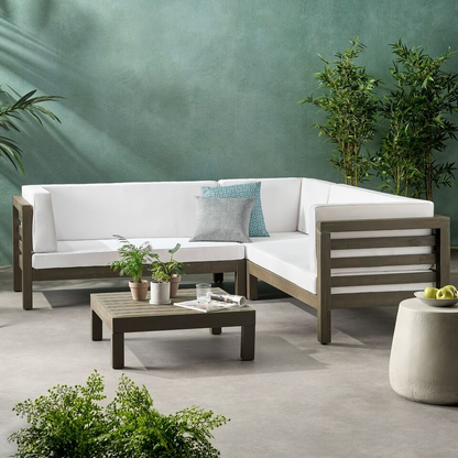 Outdoor Sectional Set Acacia Wood White V-Shape 4 Piece 600 LB