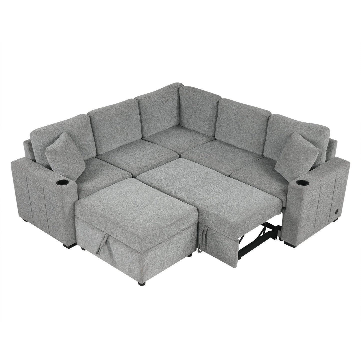 84" Sectional Sofa Convertible Pull-Out USB Gray