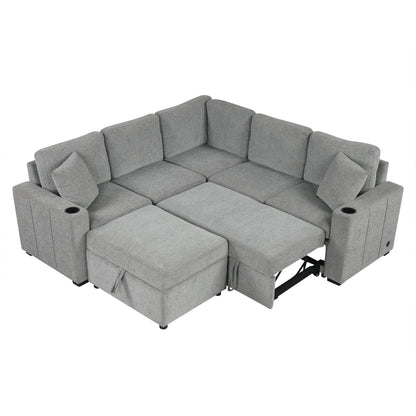 84" Sectional Sofa Convertible Pull-Out USB Gray