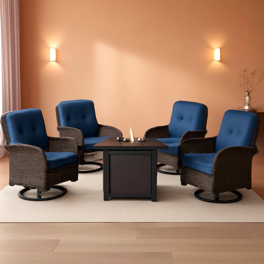 7 Piece Patio Set With Fire Pit Table And Swivel Rocker Chairs