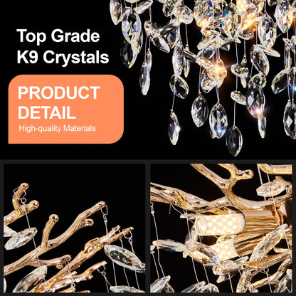 Chandelier Tree Branch Crystal Gold 7-Light Modern 18 In Living Dining