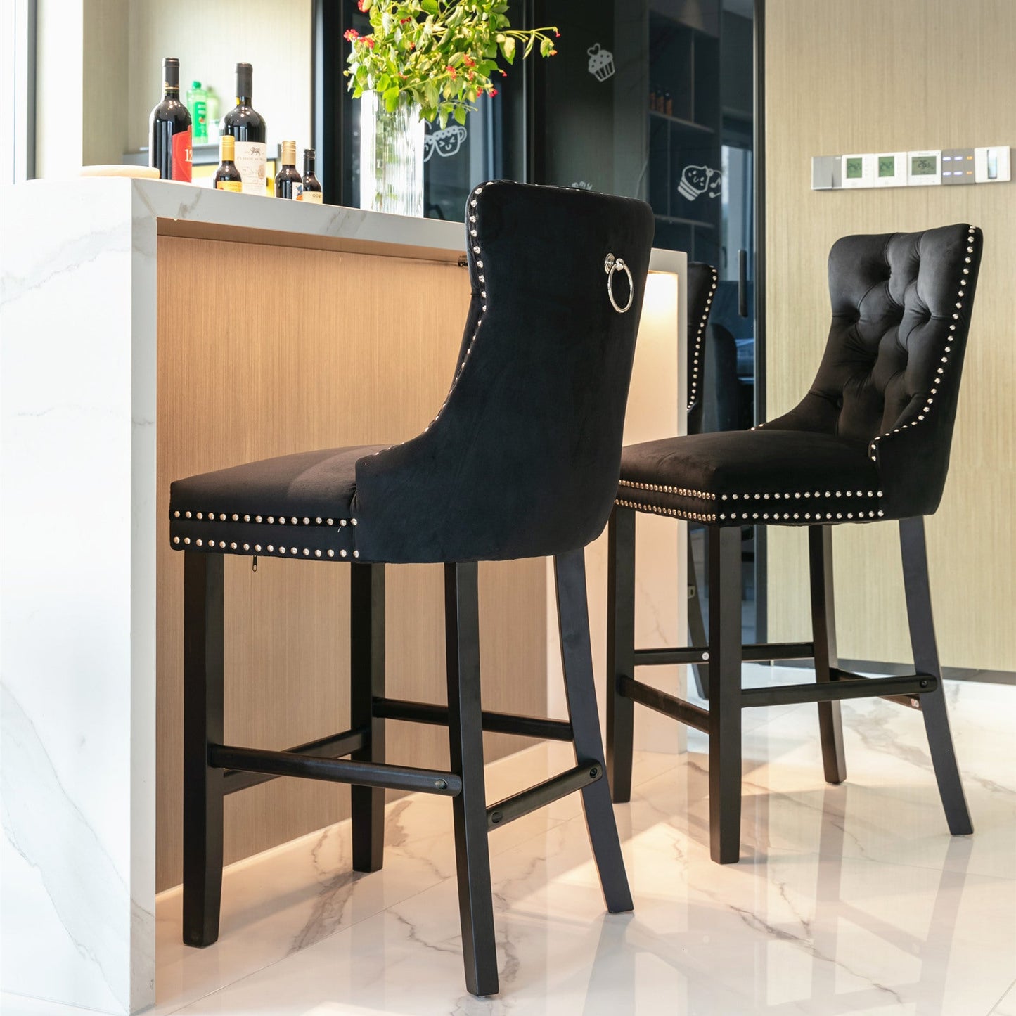 Contemporary Velvet Upholstered Barstools Button Tufted with Wood Legs, Set of 2, Black