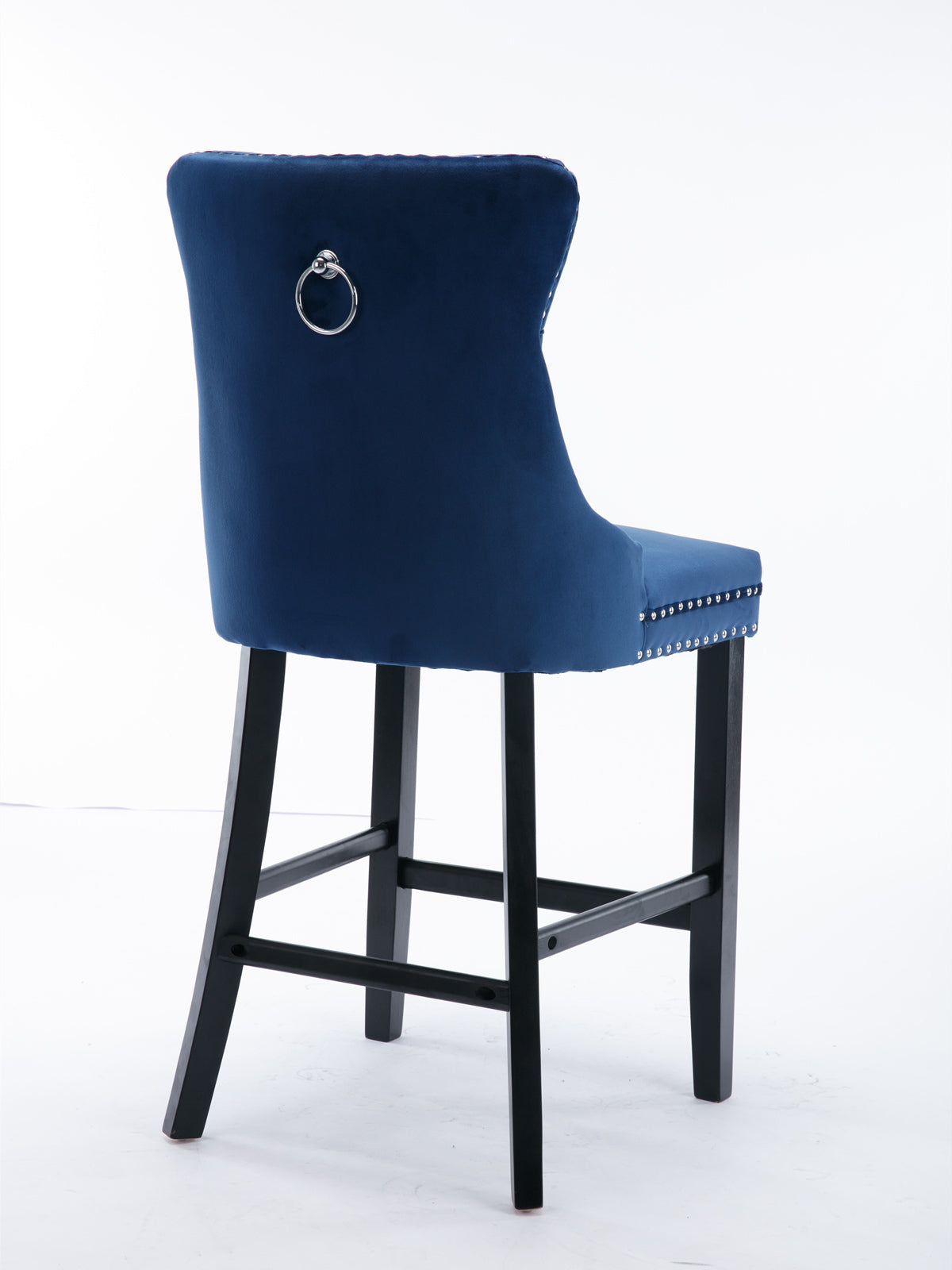Contemporary Velvet Upholstered Barstools Button Tufted with Wooden Legs Set of 2, Blue