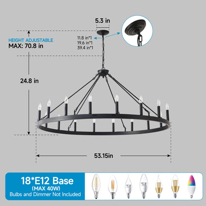 Chandelier Wagon Wheel Matte Black 18-Light 53.15 In E12