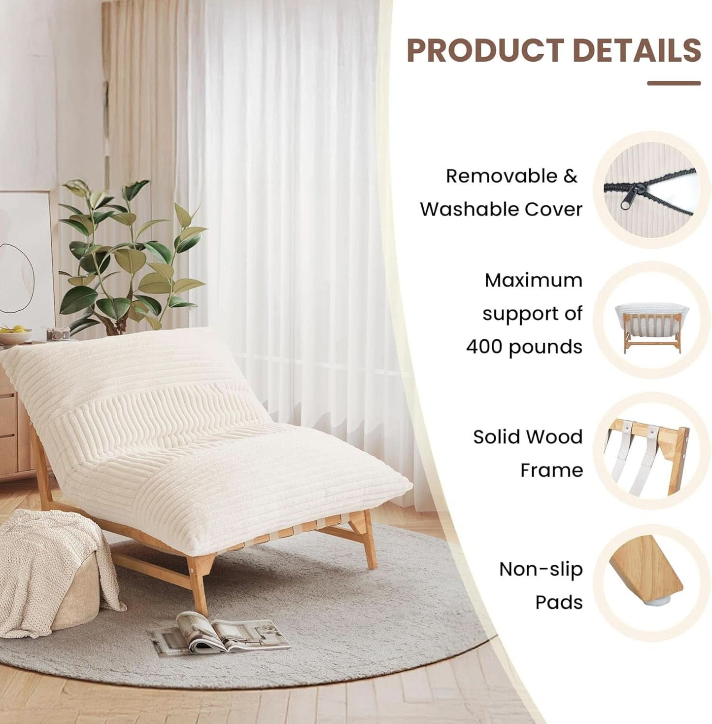 Modern 47.24 Inch Beige Oversized Chaise Lounge Chair