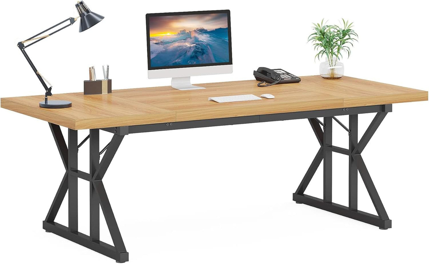 70.8 Inch Executive Desk Light Walnut Black Large Computer Office Desk