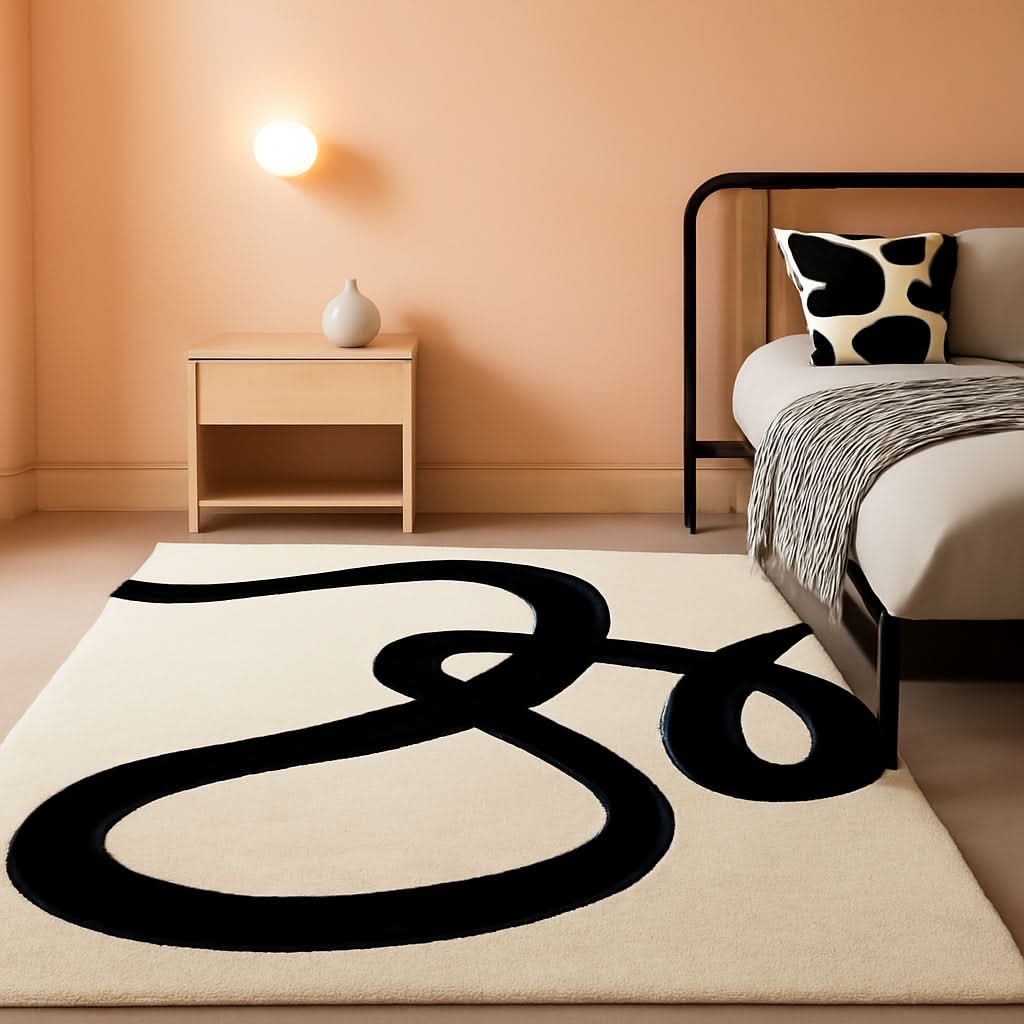 Beige Black Abstract Area Rug 8 By 10 Modern Curved Line