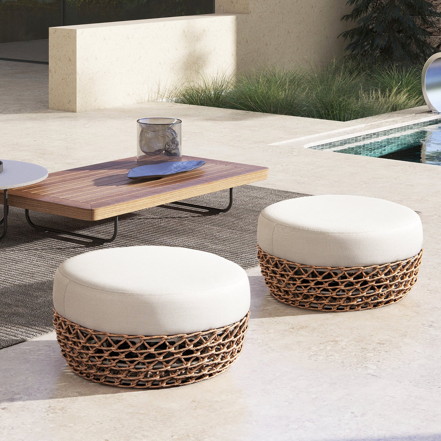 Outdoor Round Ottoman Wicker Beige Wheat Cushion 25in Foam Filled