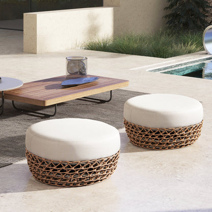 Outdoor Round Ottoman Wicker Beige Wheat Cushion 25in Foam Filled