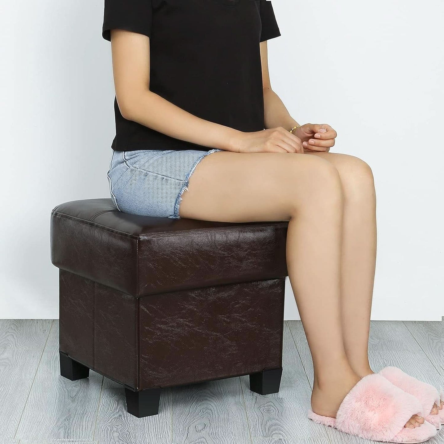 Brown PU Leather Storage Ottoman Featuring CushionedTop