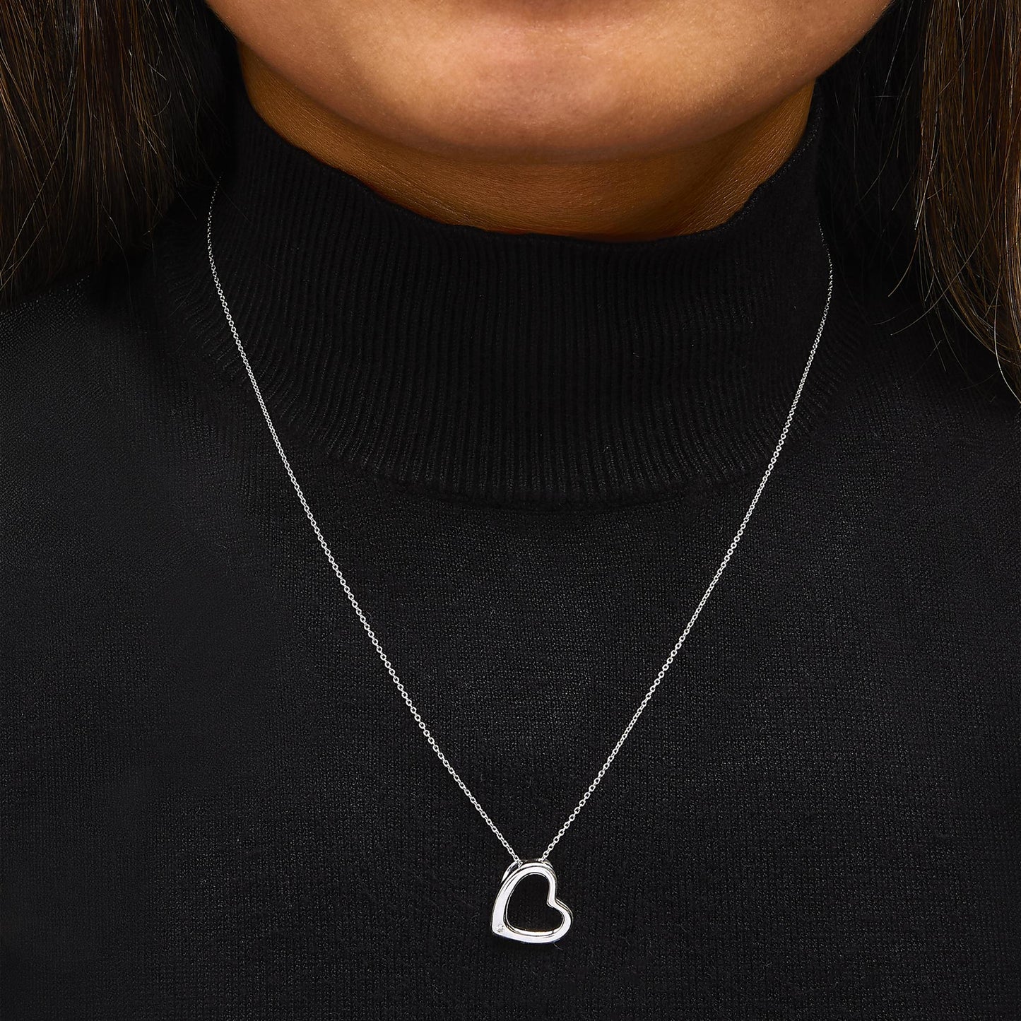 Diamond Heart Pendant Necklace in Rhodium-Plated Sterling Silver – Bezel Set