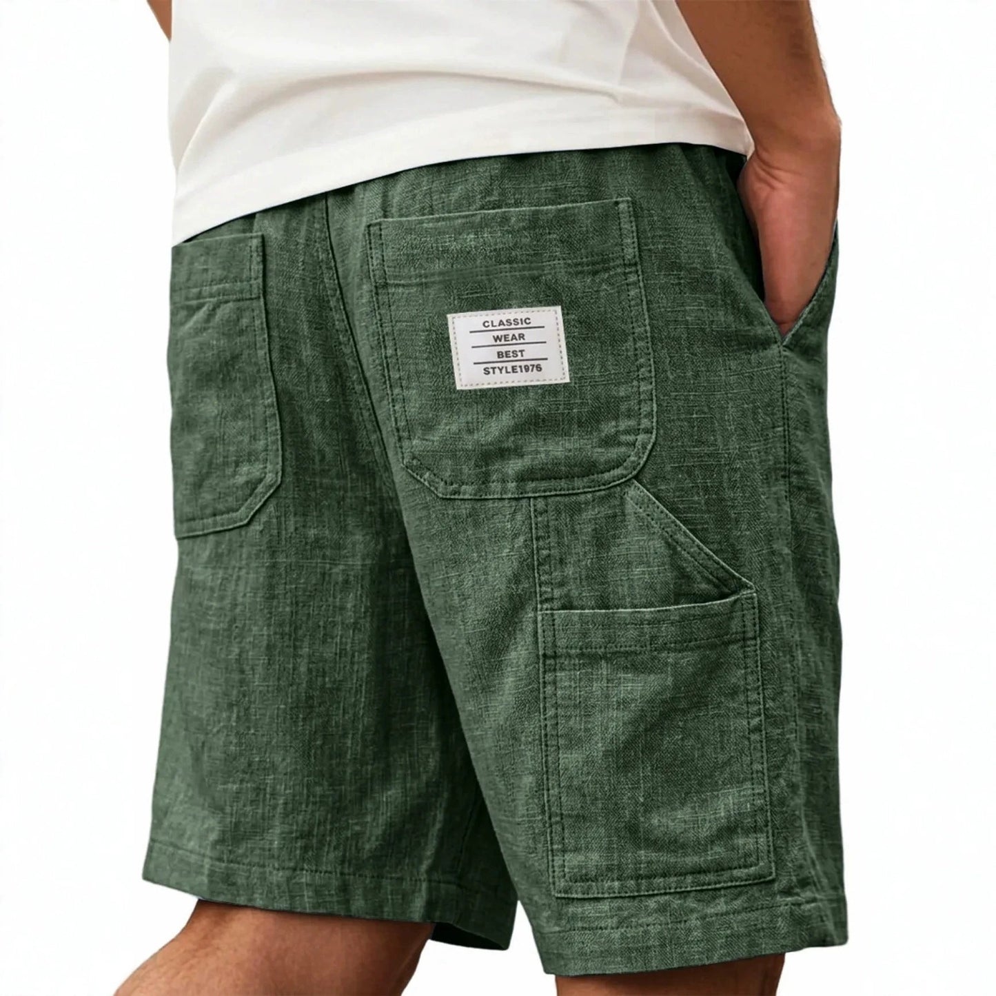 Mens Solid-Color Bamboo-Texture Linen Multi-Pocket Shorts