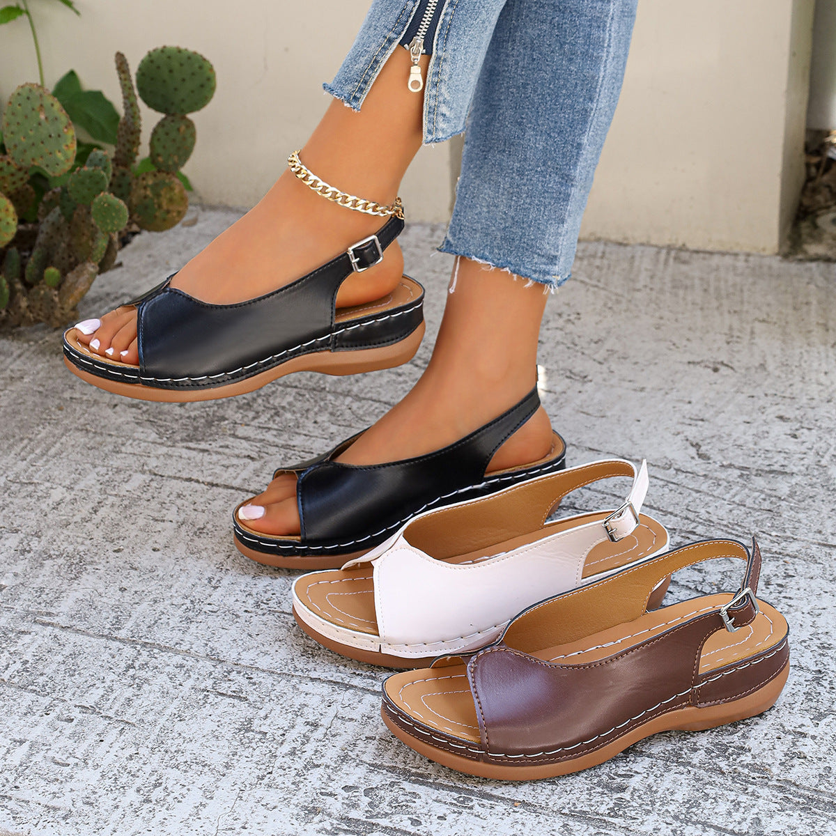 Hollowed-out Wedge Sandals With Velcro Straps And A Thick Sole In Roman Style
