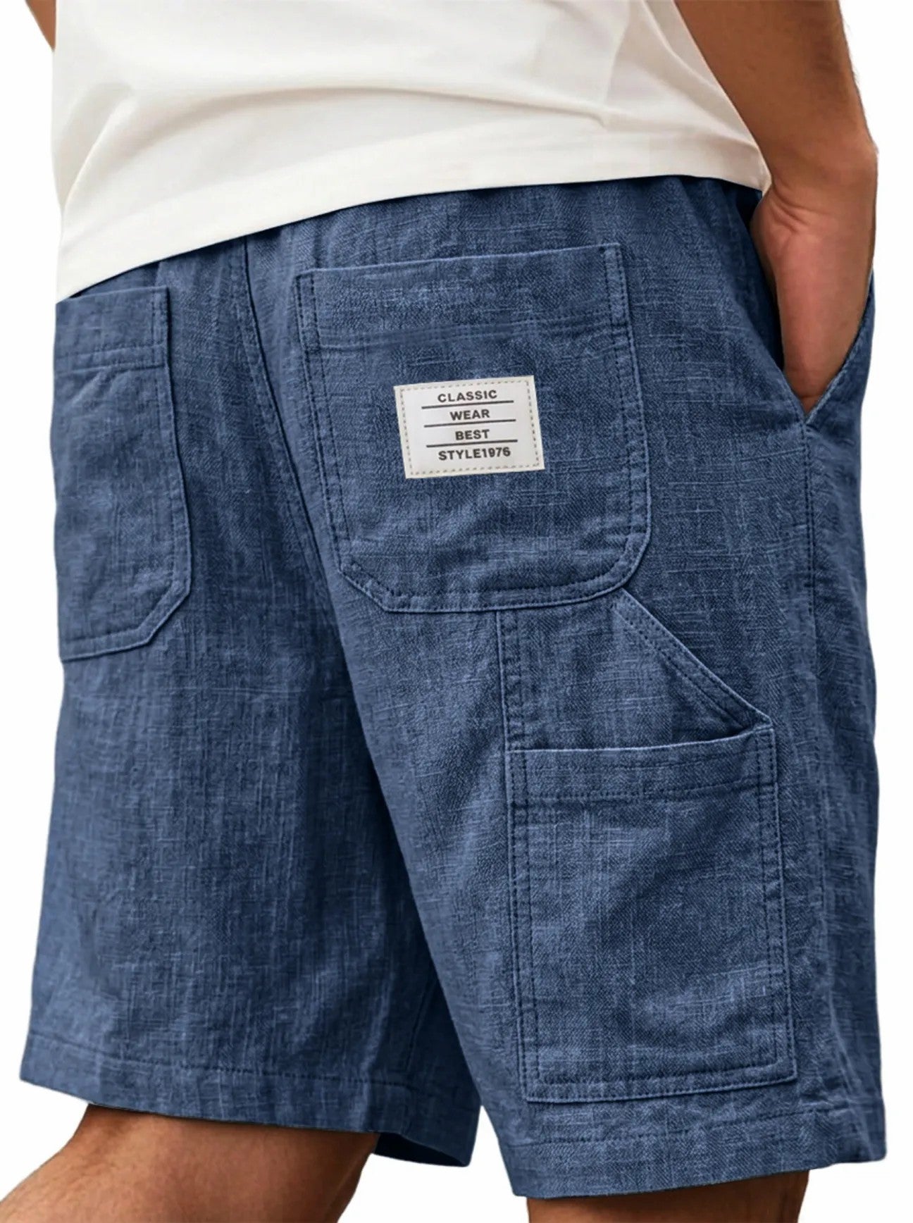 Mens Solid-Color Bamboo-Texture Linen Multi-Pocket Shorts
