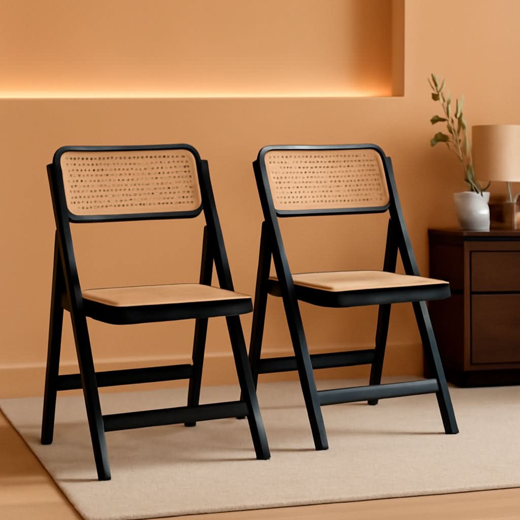 Rattan Folding Dining Chairs Set Of 2 Black Mid Century
