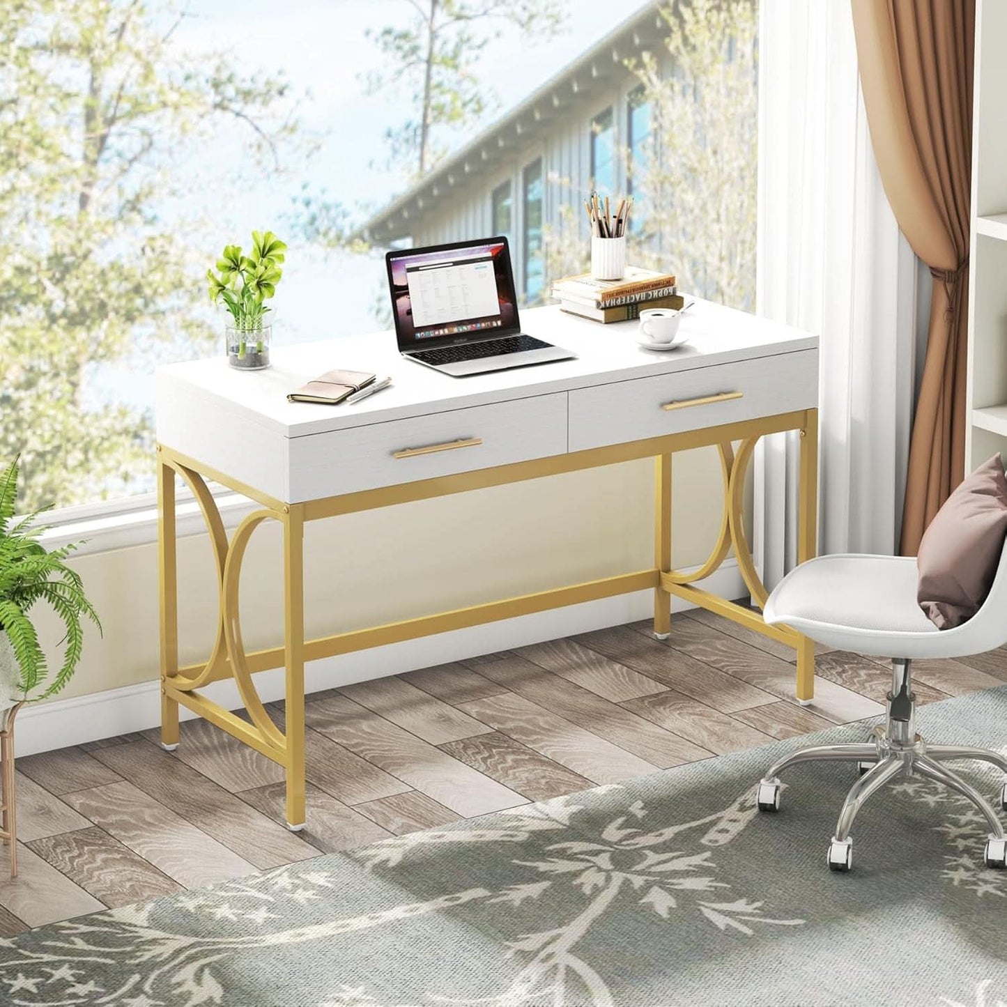 41 Inch White And Gold Computer Desk With 2 Drawers