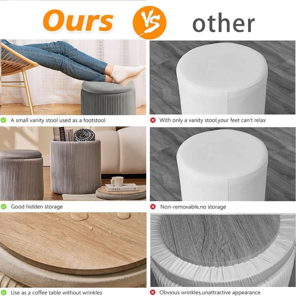 Round Velvet Storage Ottoman Collection Light Grey