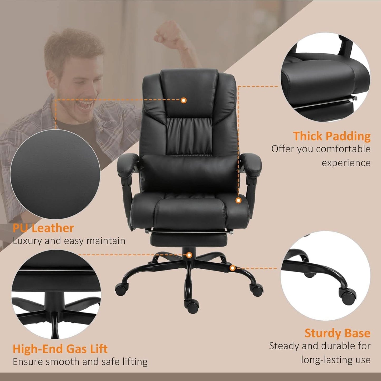 High Back Massage Office Chair With 6 Vibration Points And Footrest Black