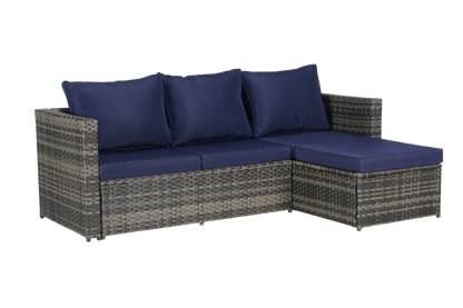 Outdoor Patio Set PE Rattan Steel Dark Blue Cushion 6 Piece Seats 8