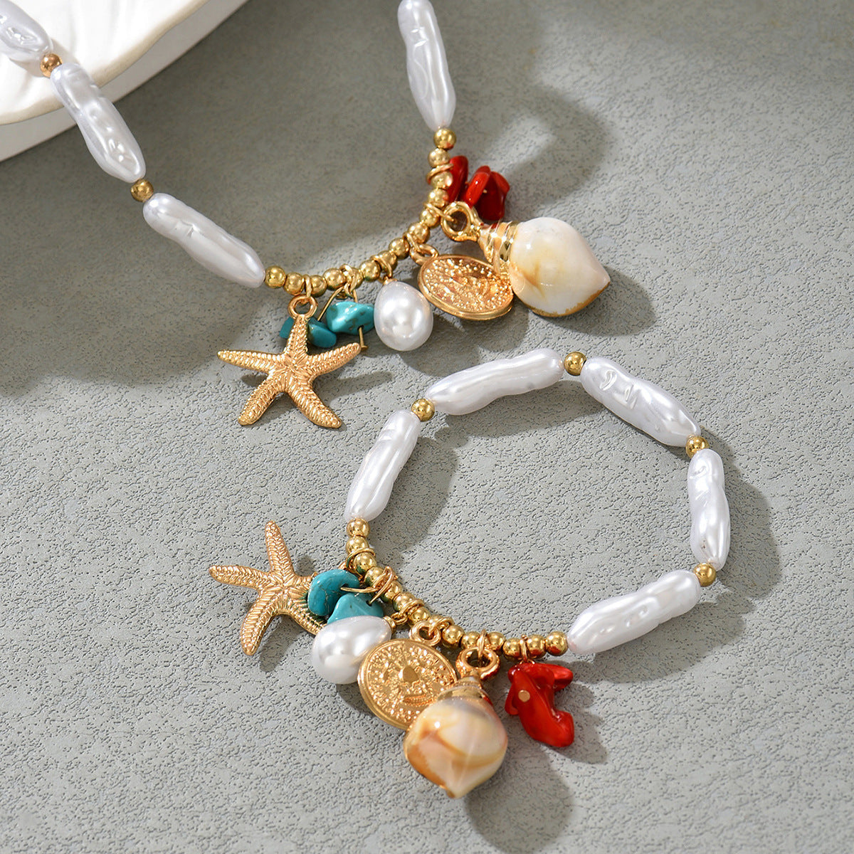European American Ocean Style Women Jewelry Set, Fashion Beaded Shell Conch Design Matching Necklace & Bracelet Daily Accessories
