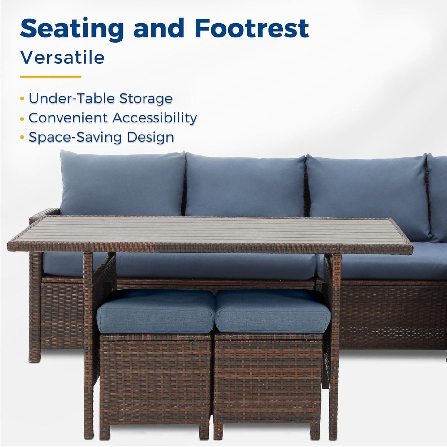 Outdoor Dining Set PE Rattan Brown Blue 7 Piece Seats 8