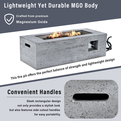 Fire Pit Propane Rectangular MGO Gray 40000 BTU with Tank Cover 41.9 In
