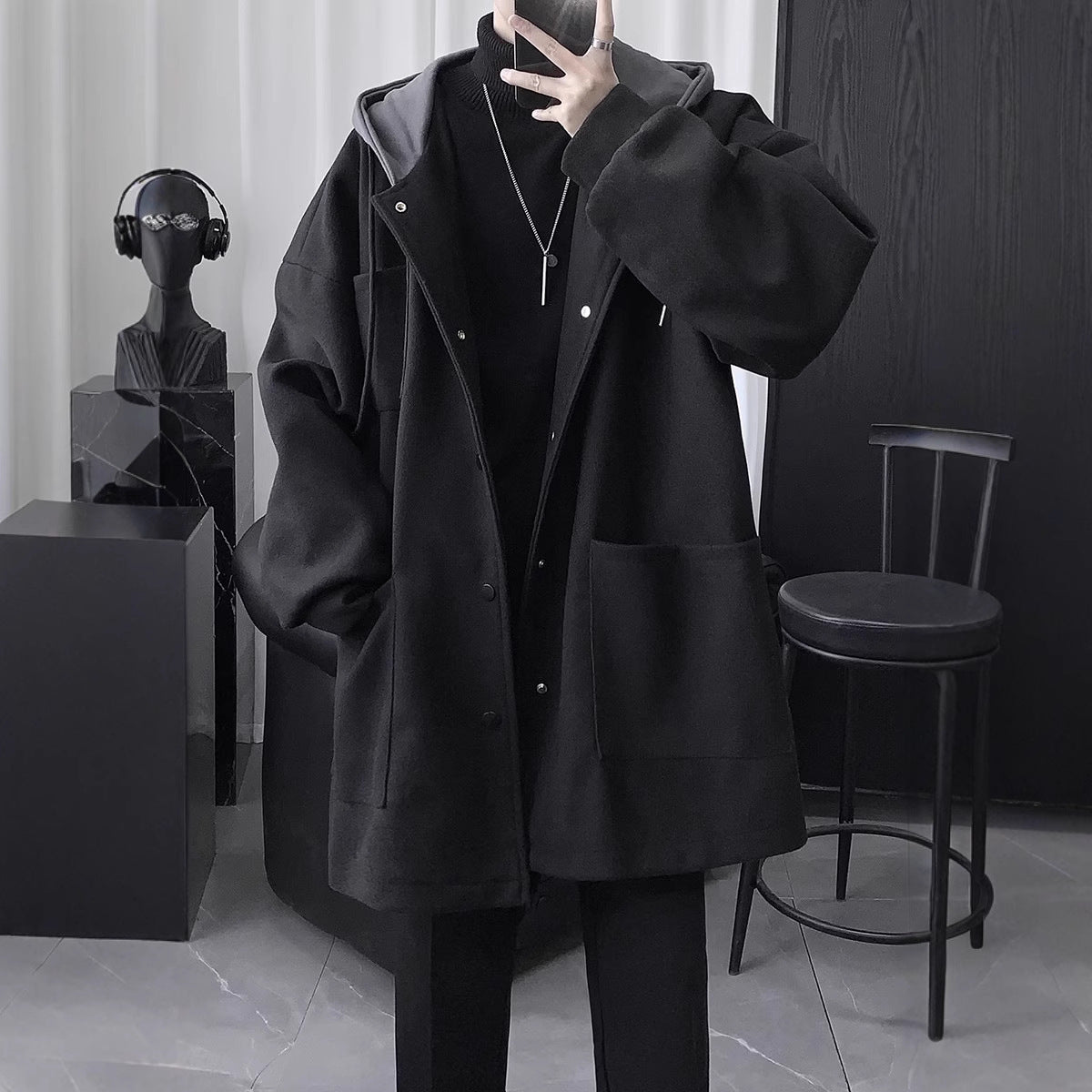 Quilted Hooded Jacket Mens Mid-Length Wool Coat